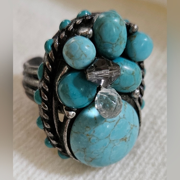 Jewelry - Turquoise Multi Stone Glass Bead Adjustable Silver tone Ring